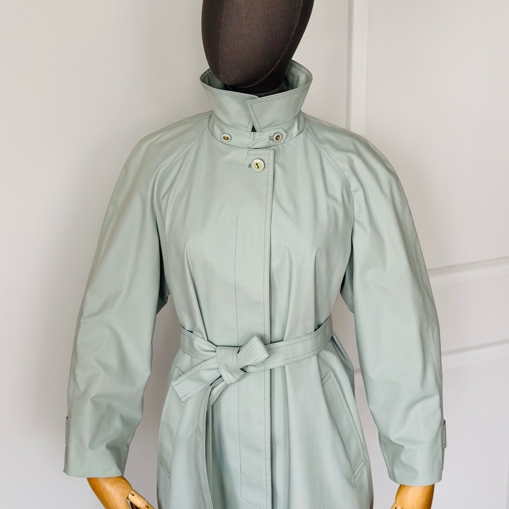 London Fog Belted Trench Coat Mint Sage Rain Coat Classic Vintage - Picture 14 of 17